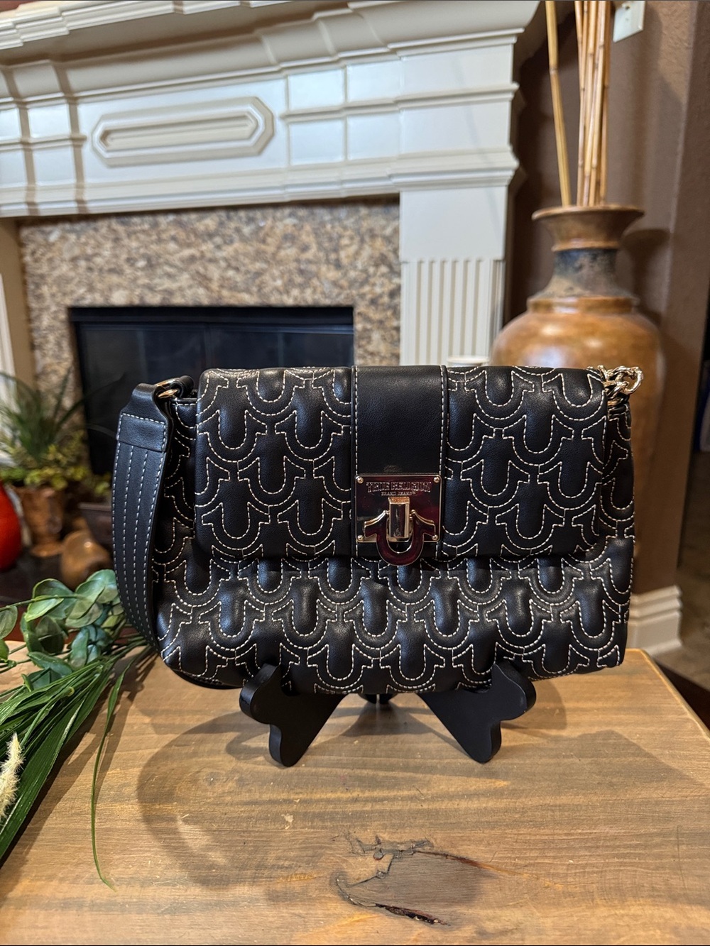 True Religion Horseshoe Quilt Logo Plaque Flap Shoulder Bag.